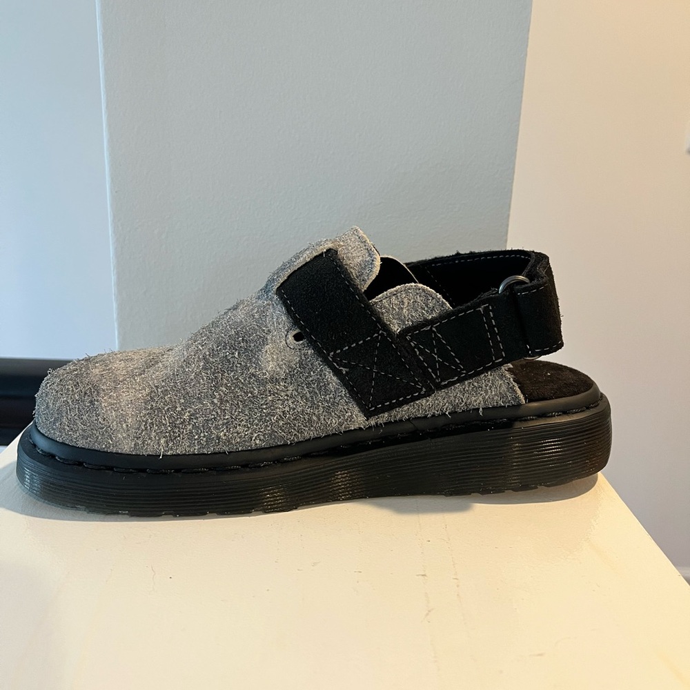 Dr. Martens Grey and Black Suede Mules
